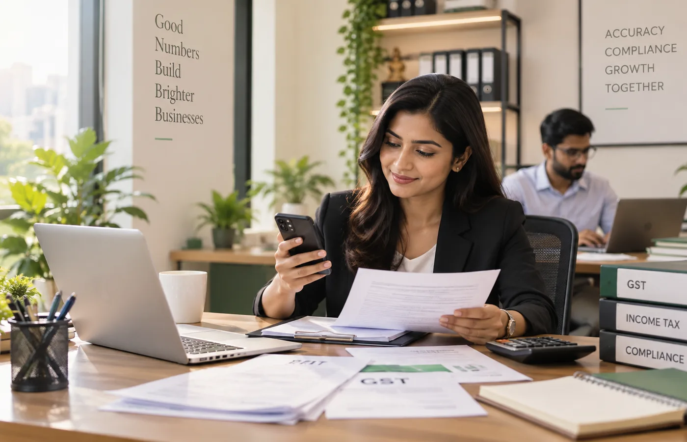 Professional accounting office with documents and phone