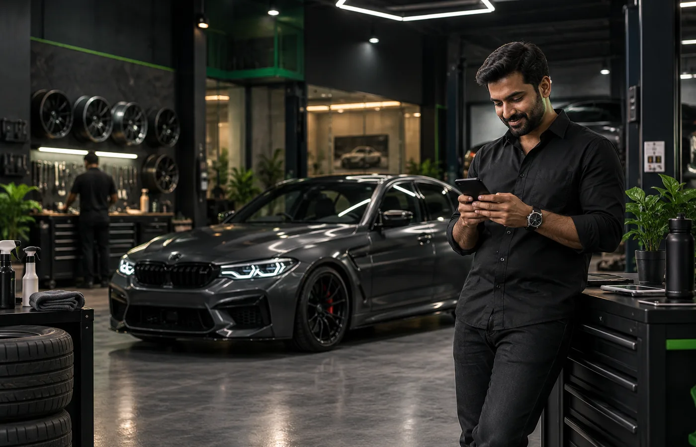Premium automotive workshop with a customer checking a phone