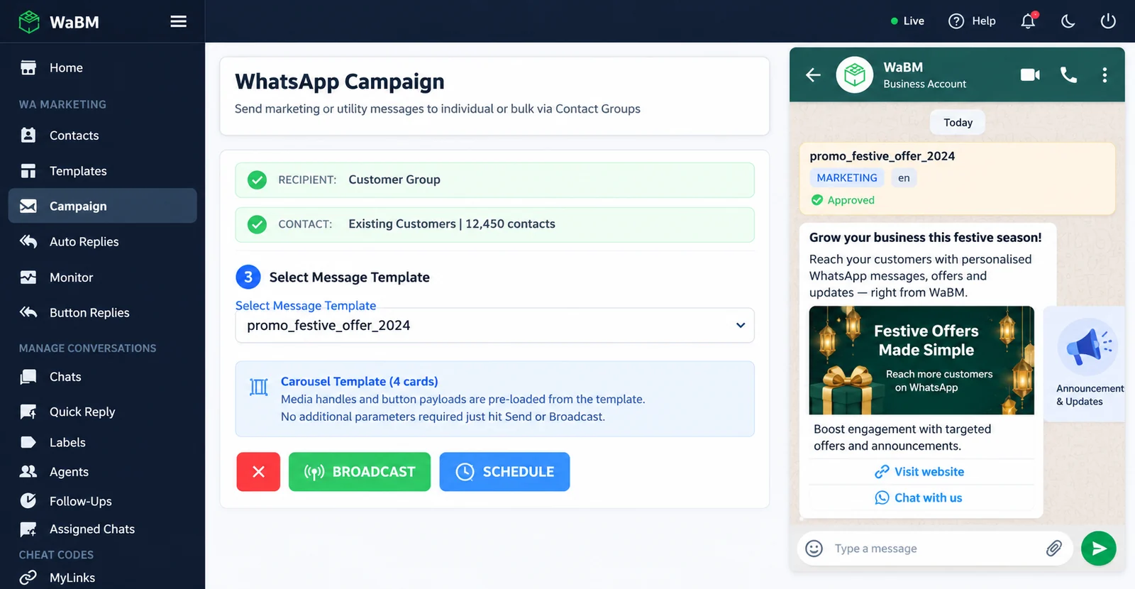 WaBM campaign setup with customer group, approved template and broadcast controls