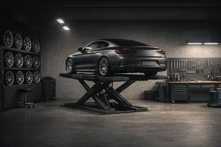 A car customisation workshop at night