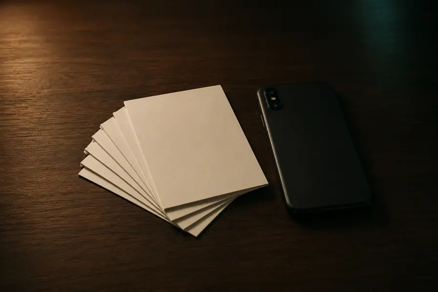 A fanned stack of blank business cards beside a phone lying face down on a desk