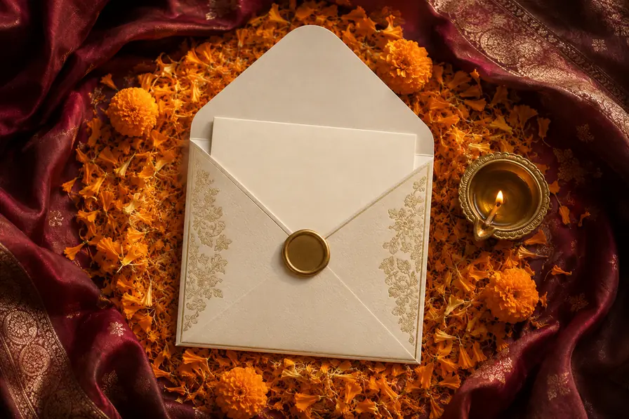 A cream and gold wedding invitation envelope on marigold petals beside a lit brass diya