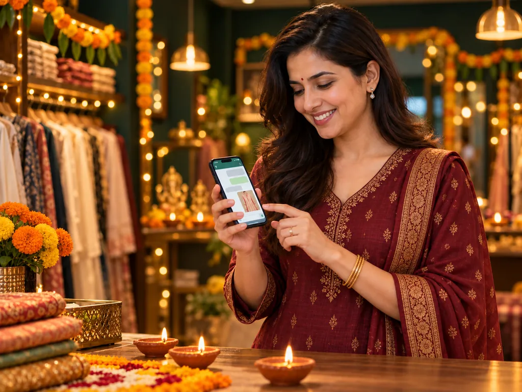 Boutique owner smiling at customer replies on her phone, with diyas and marigolds on the counter for Diwali