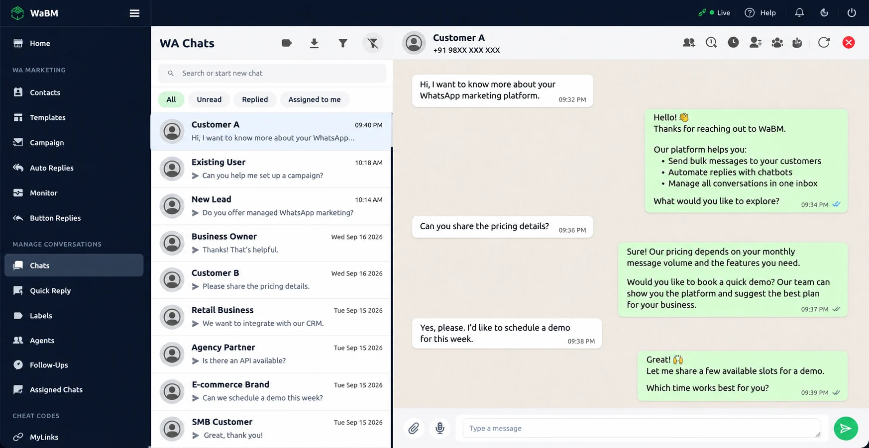 WaBM team inbox for lead follow-up