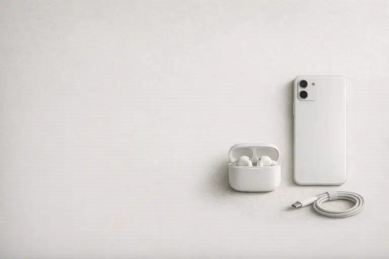A phone lying face down beside wireless earbuds in their case and a charging cable