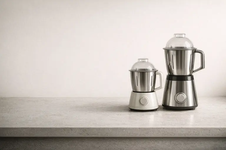 A compact and a larger premium mixer grinder side by side on a kitchen counter