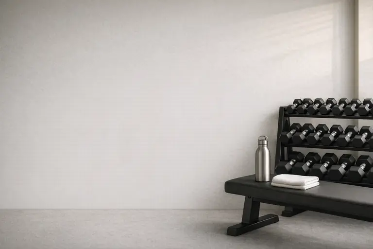 A rack of dumbbells and a bench in an empty gym in the morning